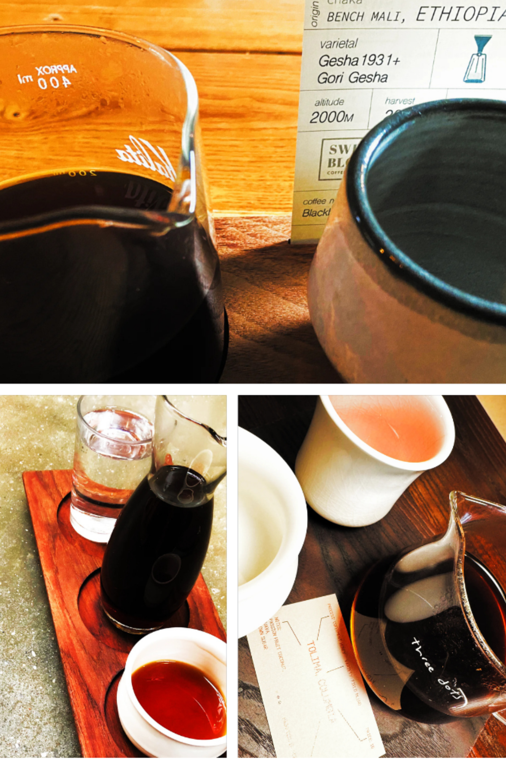 Close-up of a coffee table with coffee and tea cups, a glass jar, and a water glass at a cafe, with a menu card showing Ethiopian coffee details.