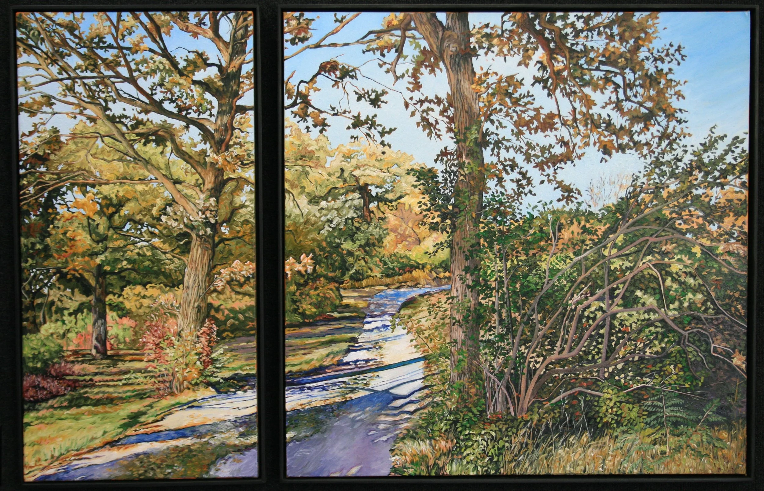 A two-panel landscape painting of a nature scene with trees, a stream, and bushes, depicting a sunny autumn day.