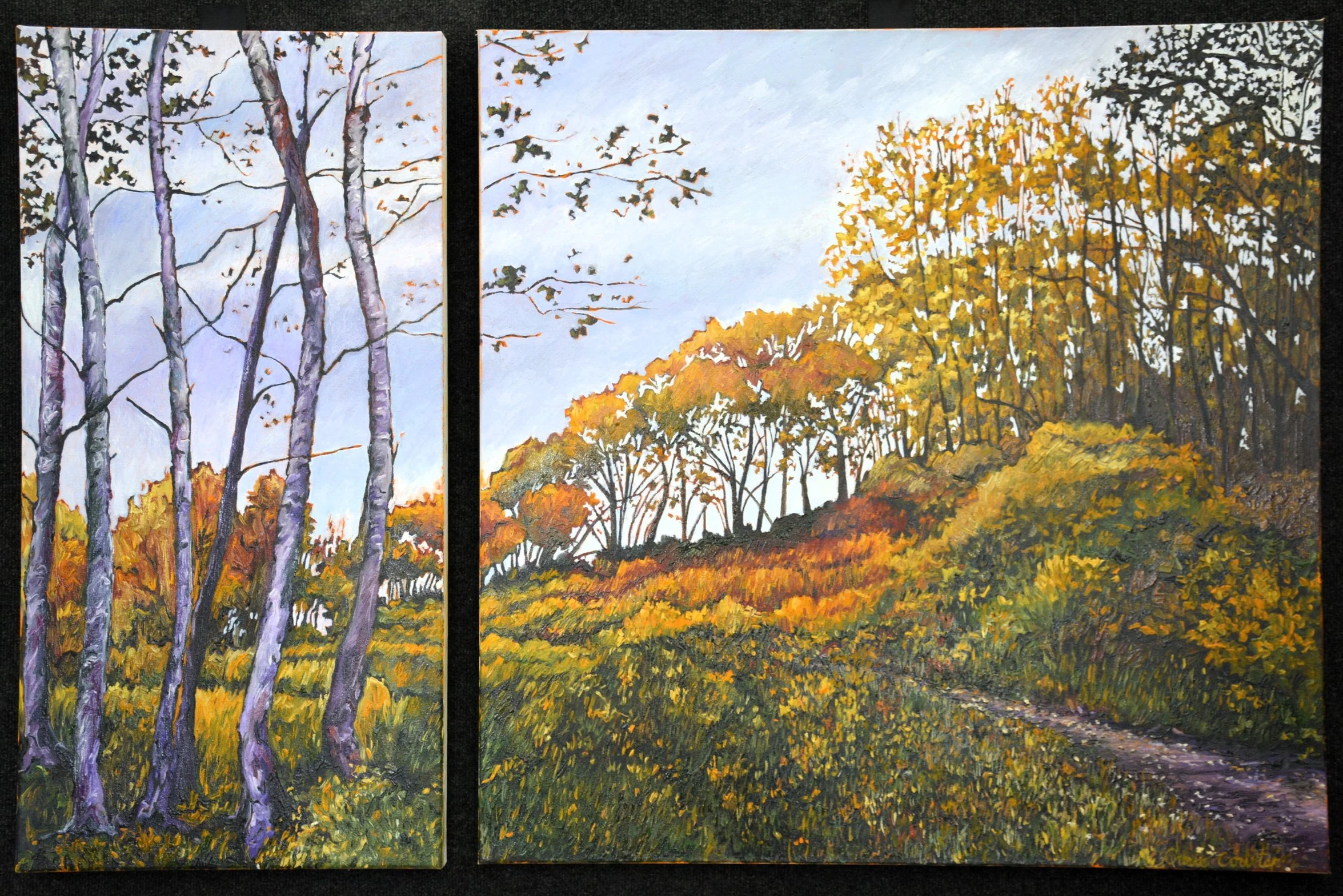 This image consists of two landscape paintings of autumn scenery with trees, grassy hills, and a cloudy sky.