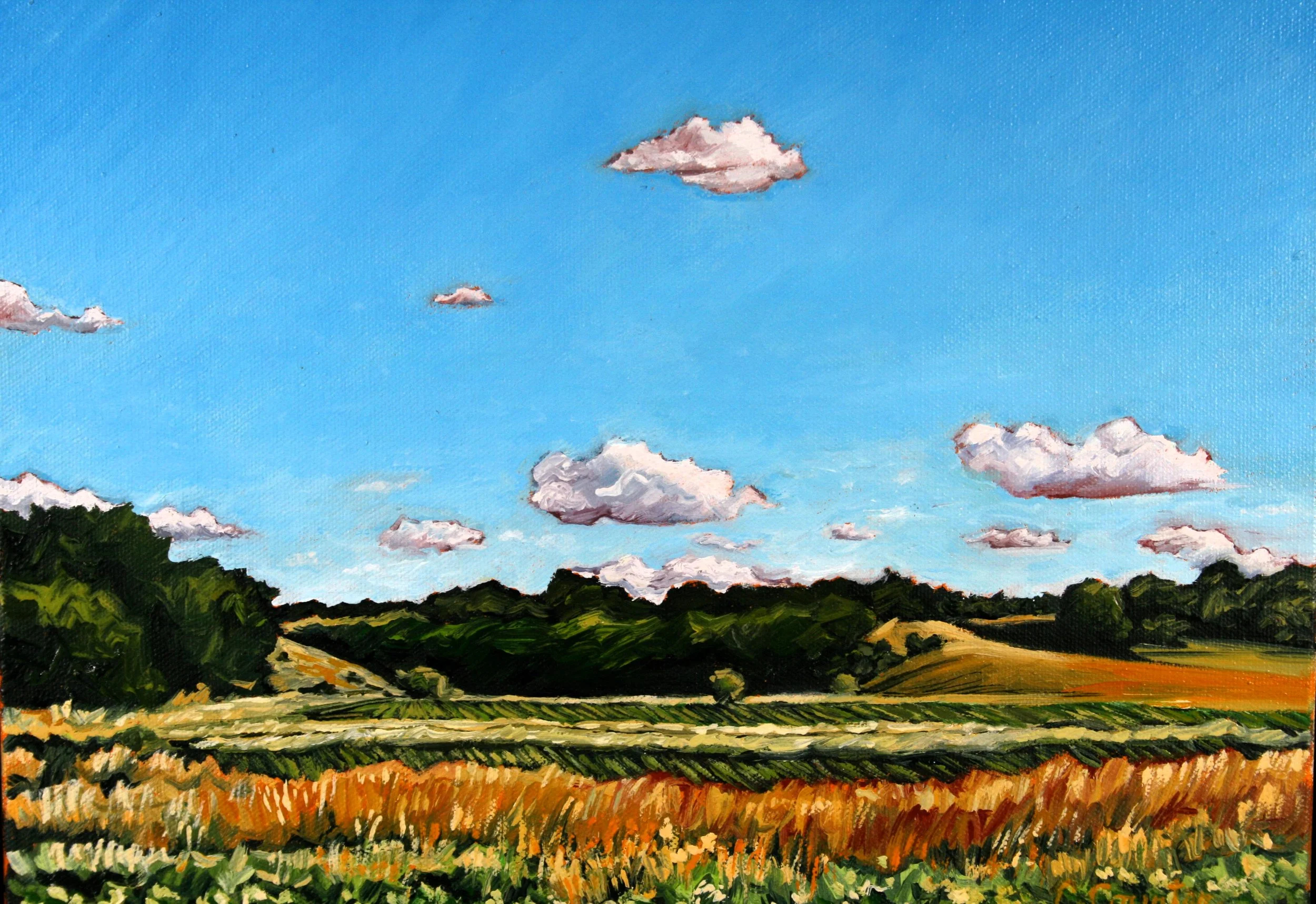 A painted landscape of rolling hills and farmland under a bright blue sky with scattered pink and white clouds.