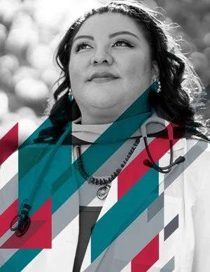 A woman with dark hair has a calm expression, wearing medical scrubs and stethoscope, outdoors with bright sunlight.