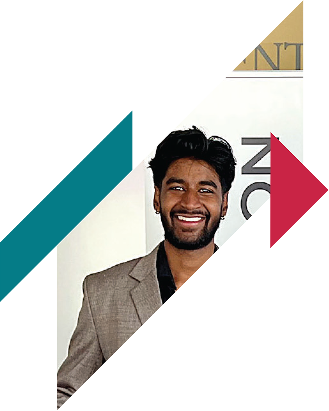 Headshot of a smiling man with dark hair and beard wearing a beige suit, partially obscured by geometric overlays in black, teal, white, and red.
