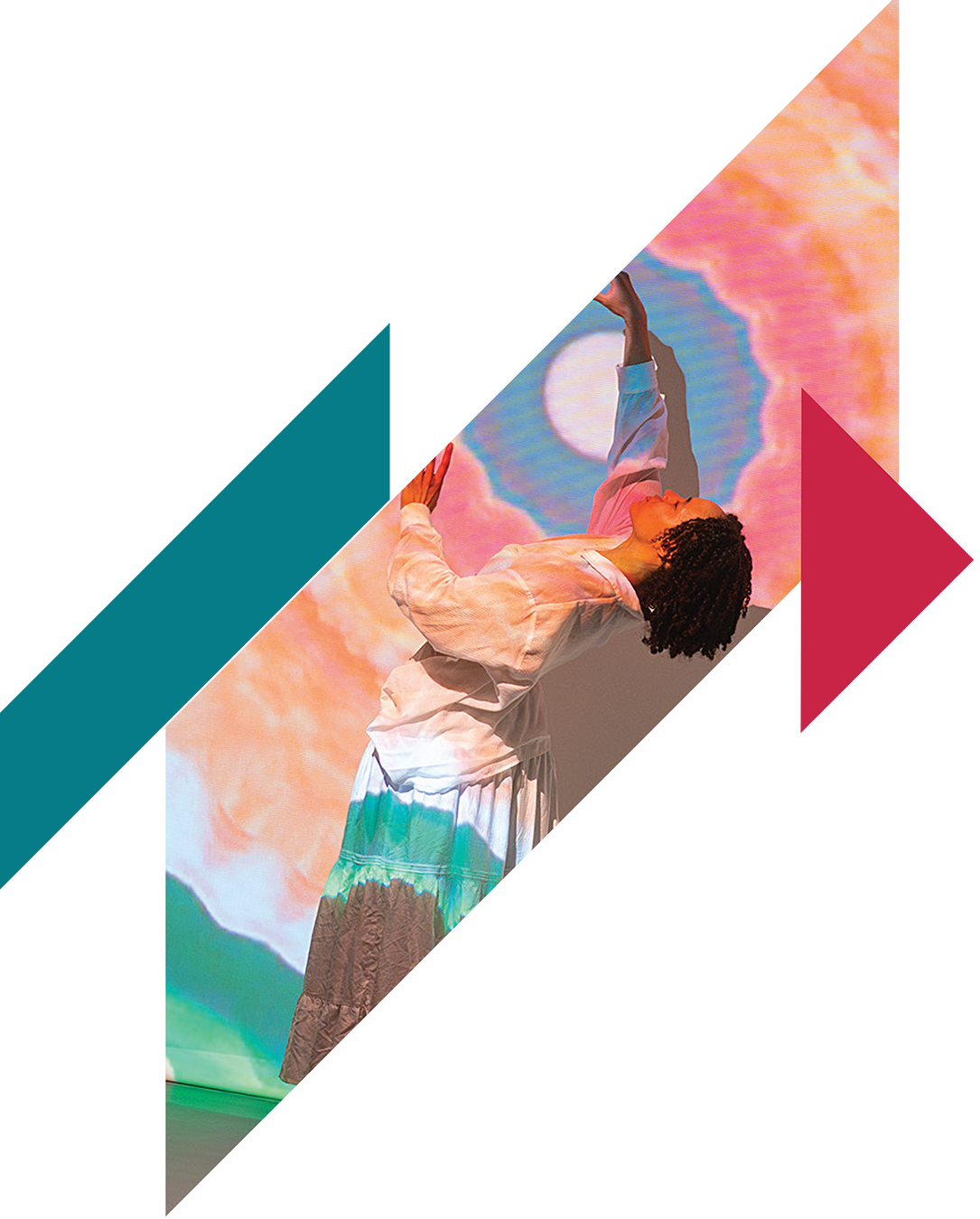 A person with curly hair wearing a light jacket and patterned pants is performing a dance move against a colorful cloud-like background with a bright circle.