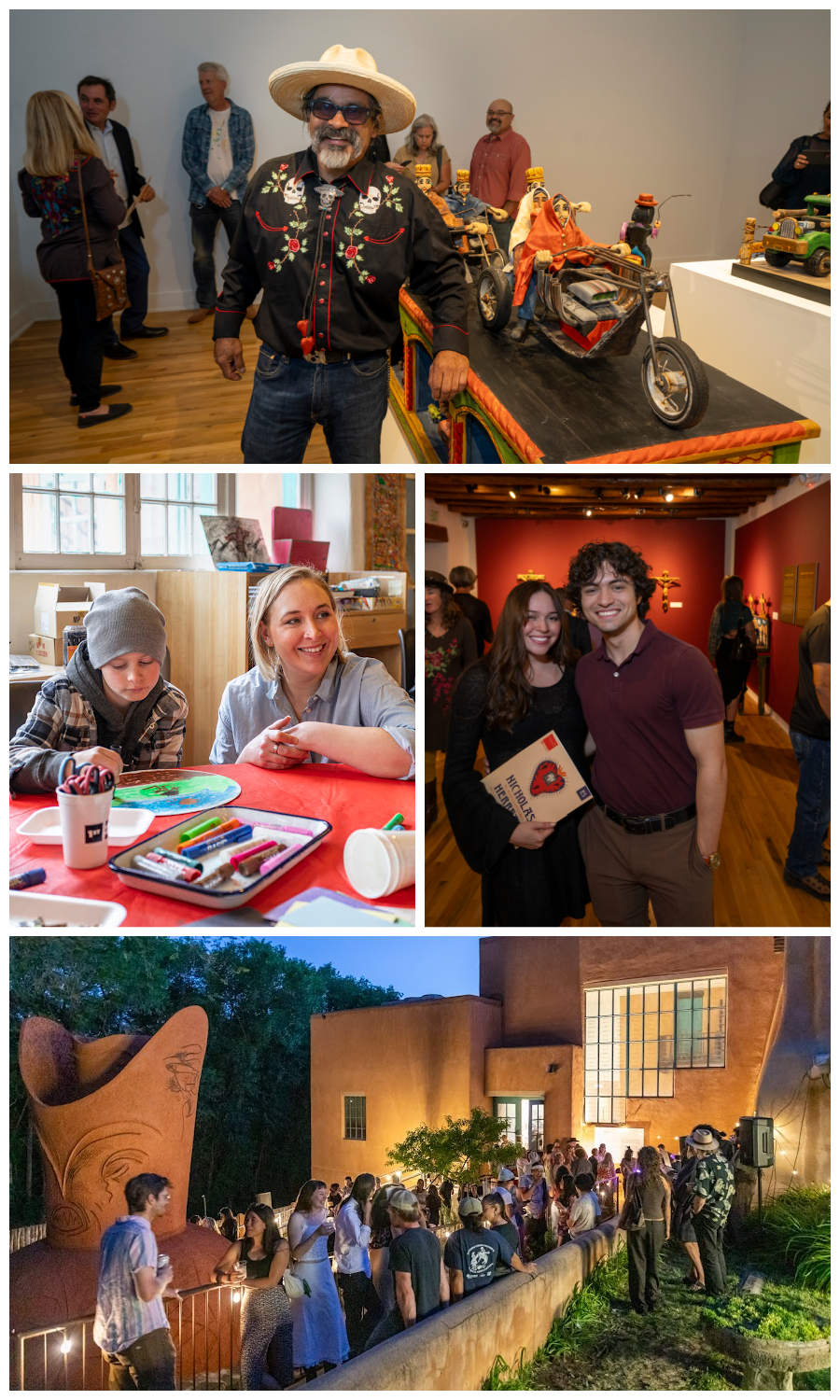 Three photos: The first shows a man in a sombrero and sunglasses standing at an art exhibit with puppets and a motorcycle on display; the second displays a woman and a man at an art gallery, smiling and holding a book about Mexican history; the third depicts people gathering outside a modern art museum during the evening.