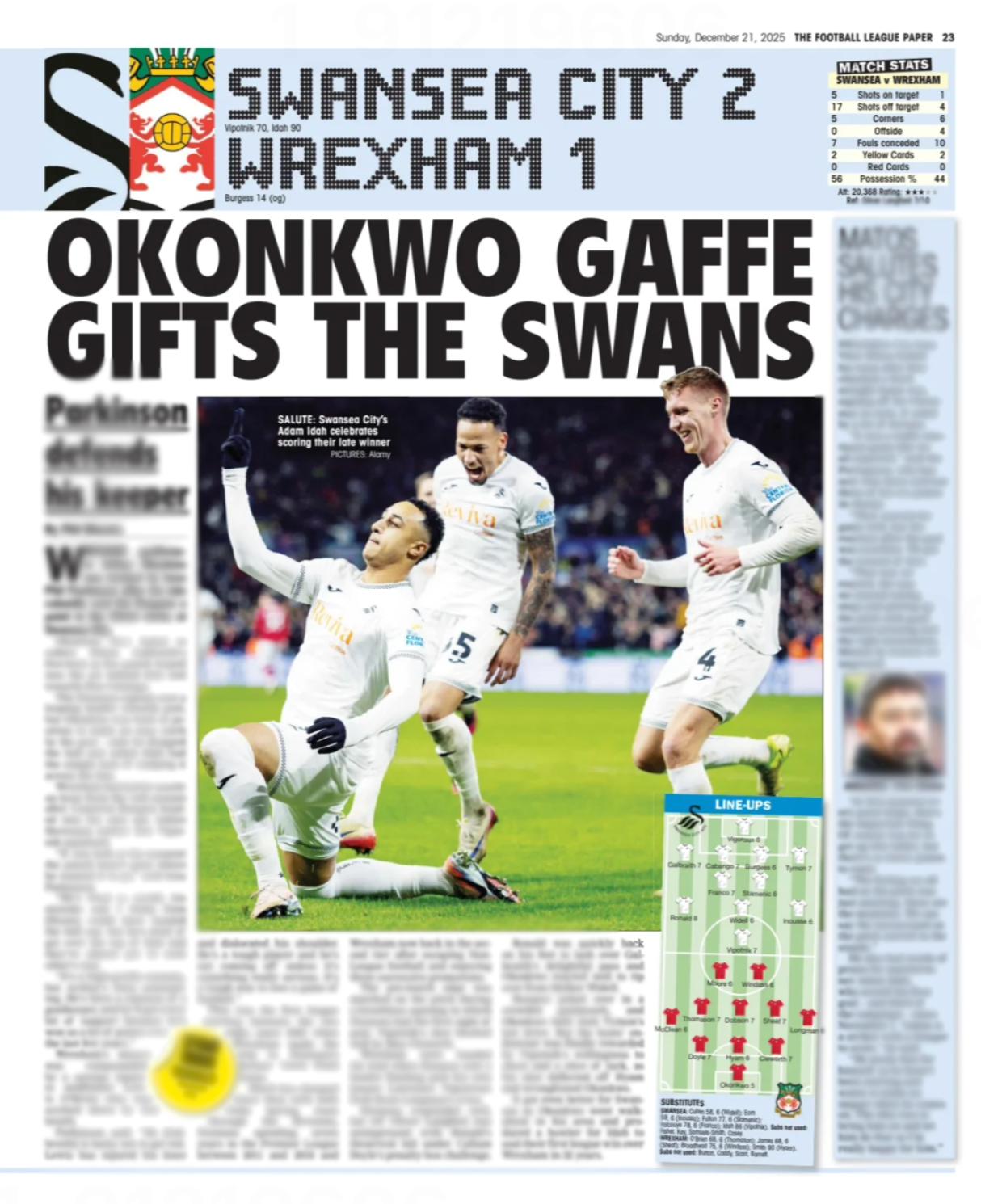 Swansea City v Wrexham in the Football League Paper 
