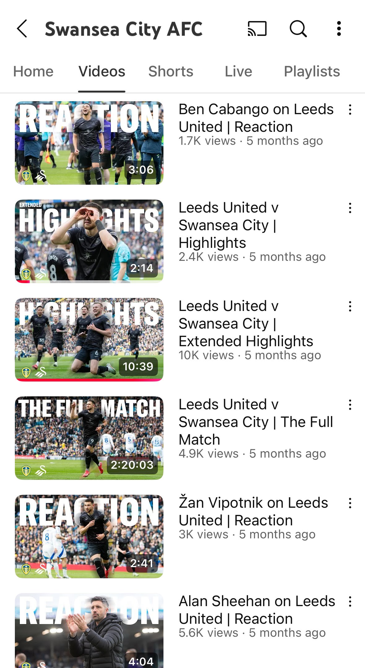 Swansea city v Leeds United Away on the Official Youtube 