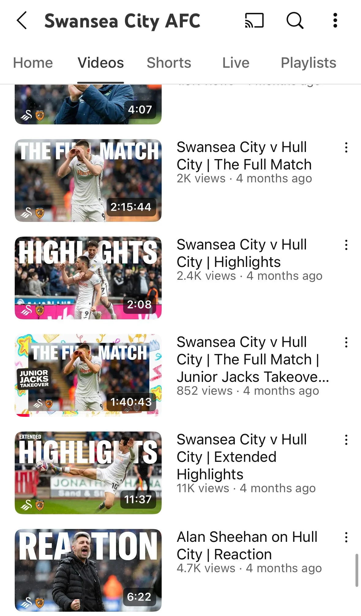 Swansea City v Hull City home on the official Youtube