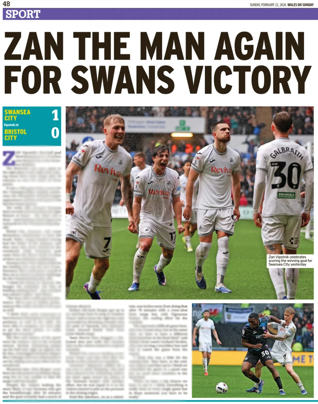 Swansea v Bristol City in Wales on Sunday