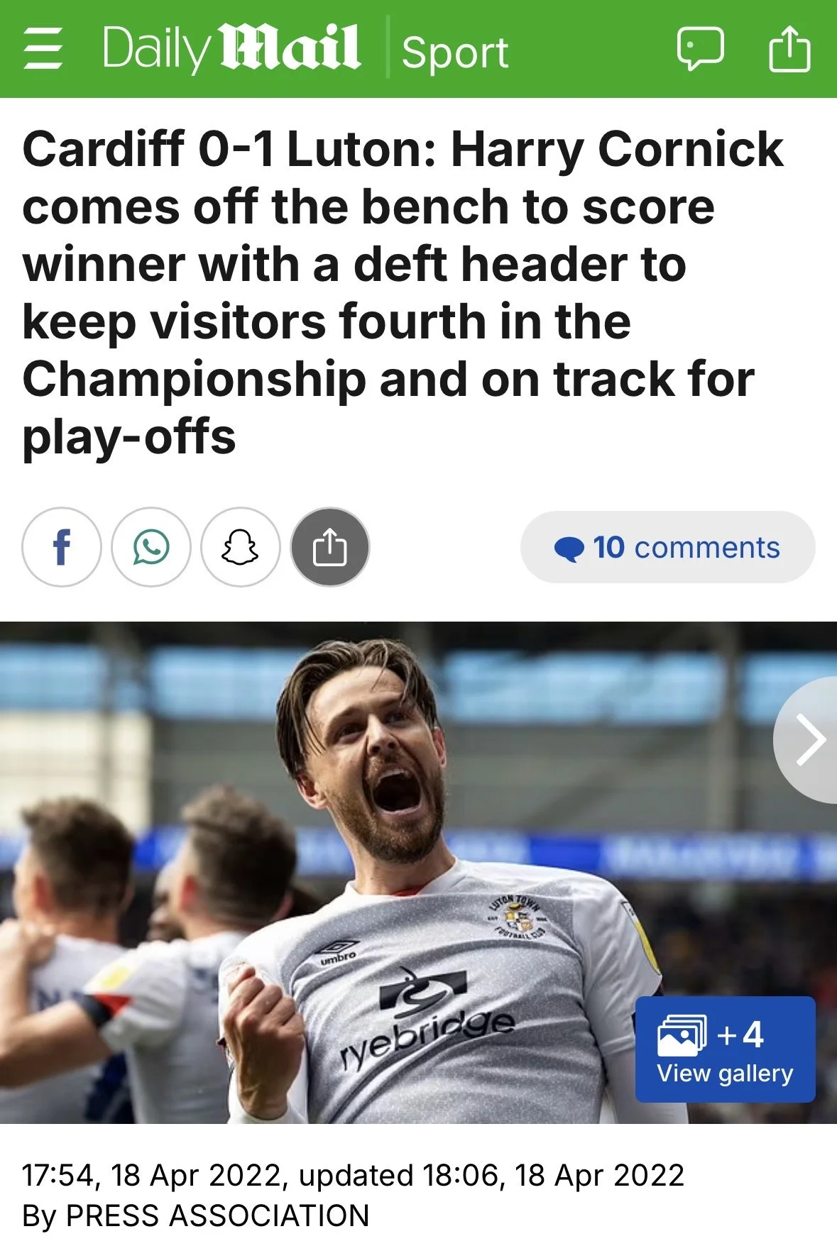 Harry Cornick celebrates for Luton Town