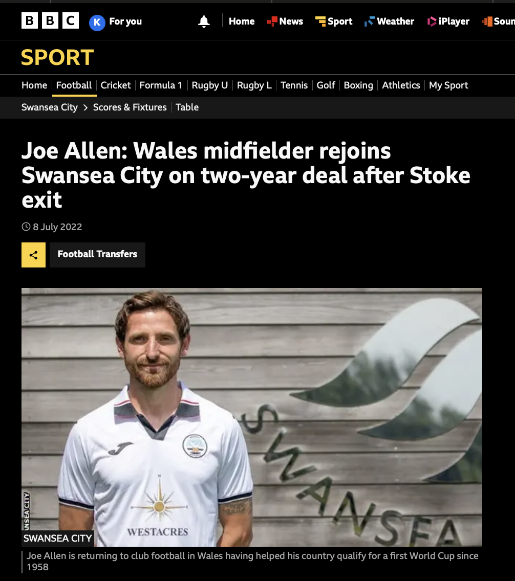 Joe Allen resigns for the Swans