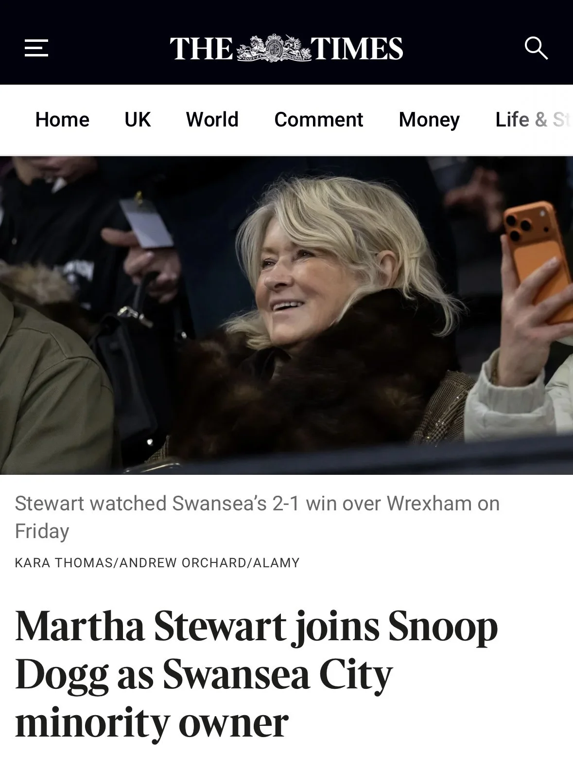 Martha Stewart attends a Swansea City match