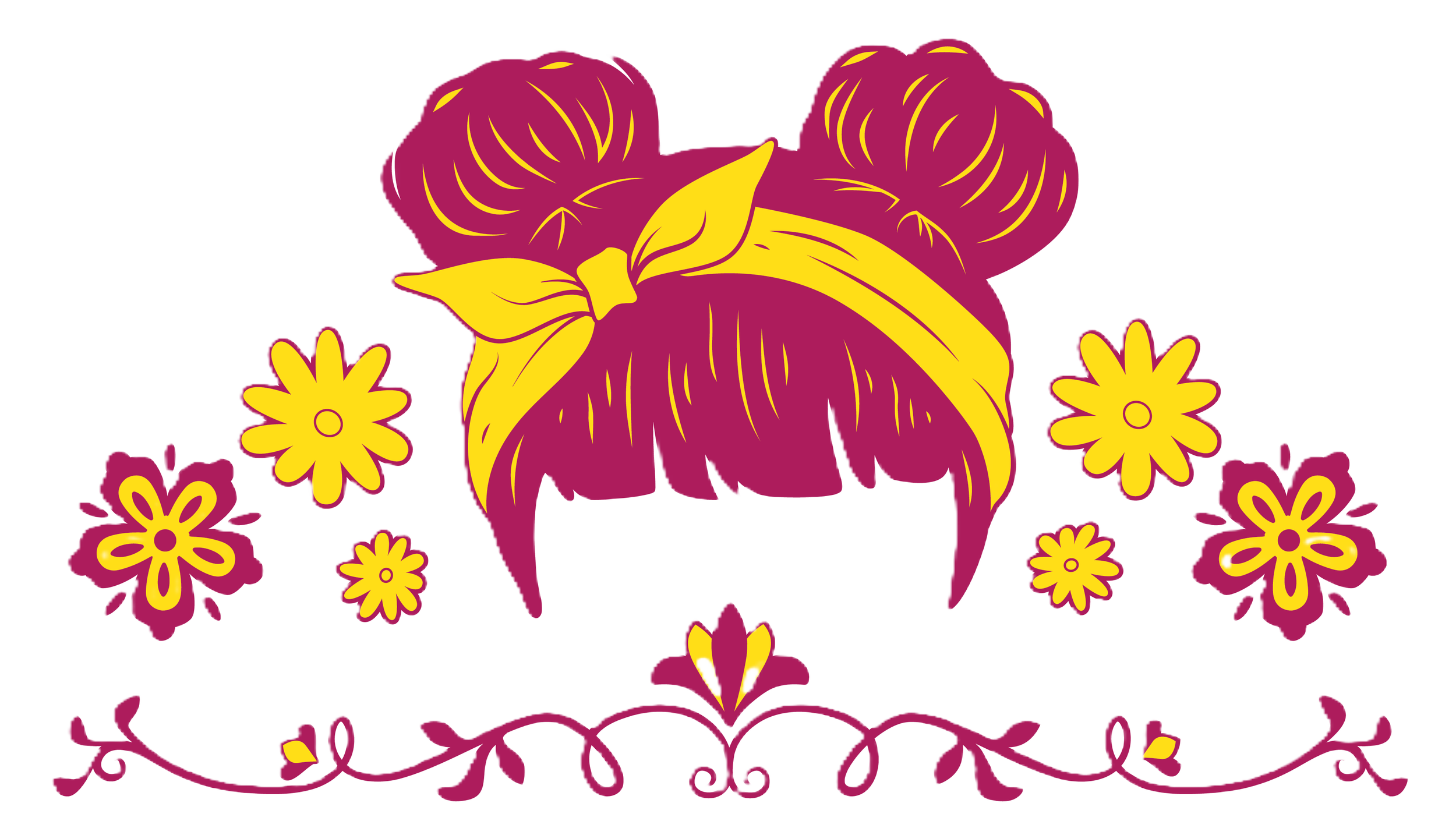 Illustration of a woman's head with stylized hair tied in two buns, wearing a yellow headband, surrounded by yellow flowers and decorative flourishes.