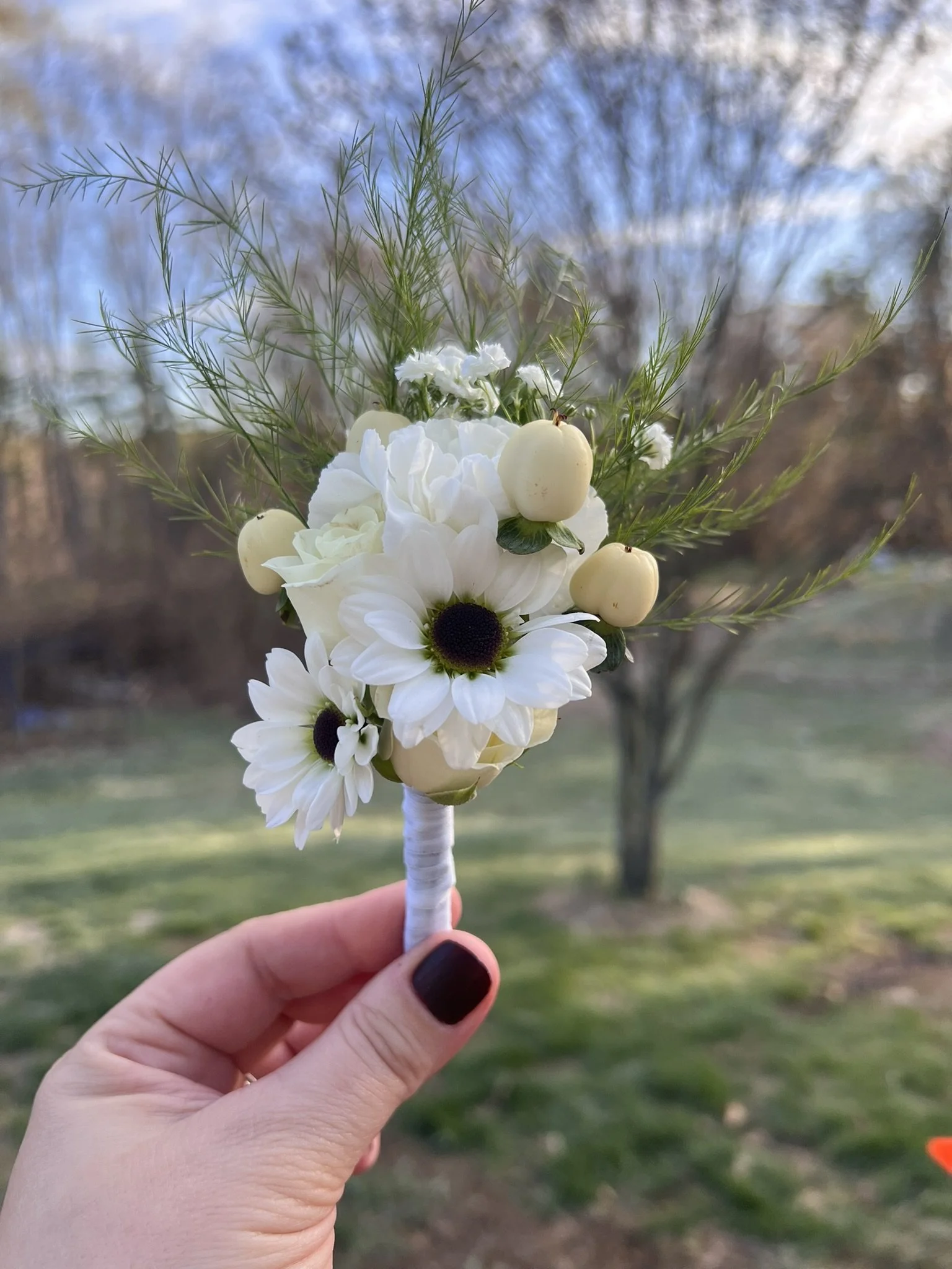 A hand holding a bouquet with white flowers and small white apples, with a blurred outdoor background of trees and a grassy field.