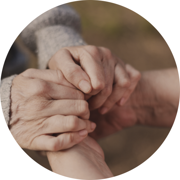 Close-up of elderly and younger hands clasped together in a gesture of support and connection.