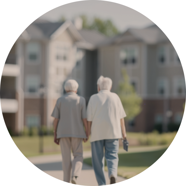 Two elderly people walking hand in hand on a sidewalk near residential apartment buildings.