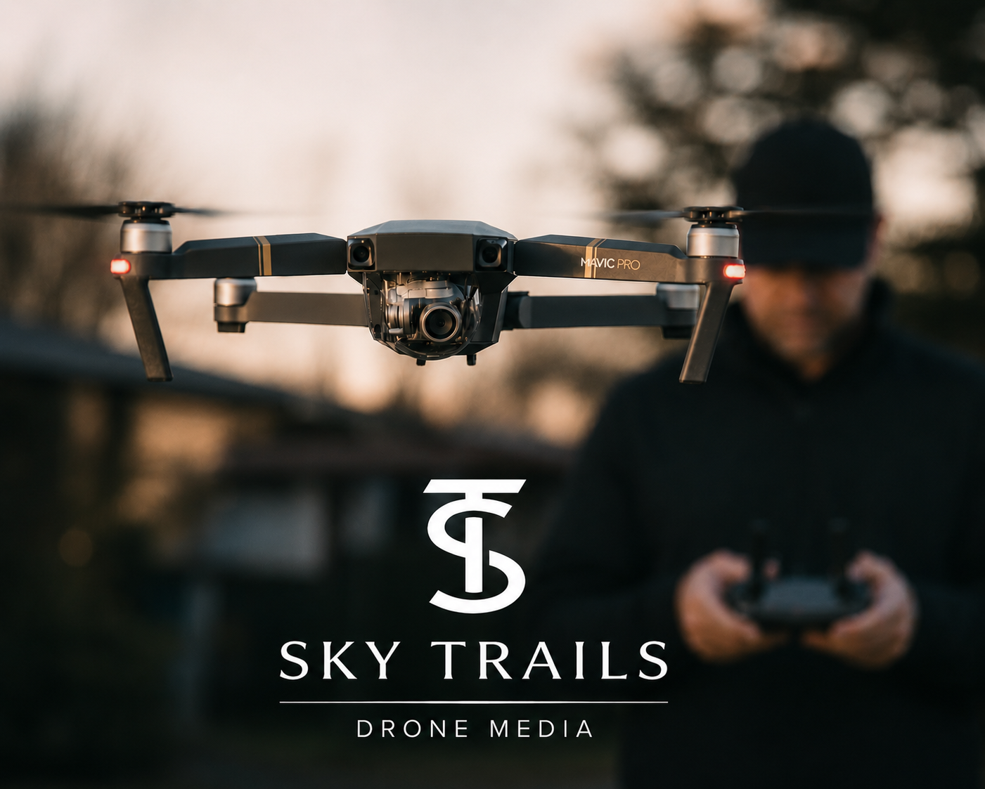 A drone flying outdoors with a person in the background controlling it using a remote control. The image has a logo that says "Sky Trails Drone Media".