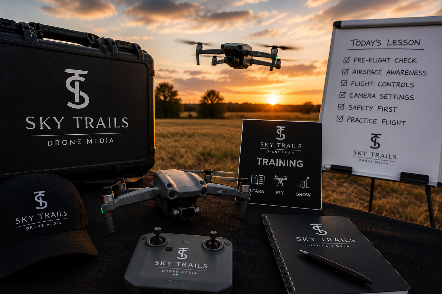 Drone equipment and training materials from Sky Trails Drone Media on a table outdoors during sunset, including a drone, a controller, a cap, a notebook, a pen, a whiteboard with a lesson plan, and a black box, all branded with Sky Trails Drone Media logo.