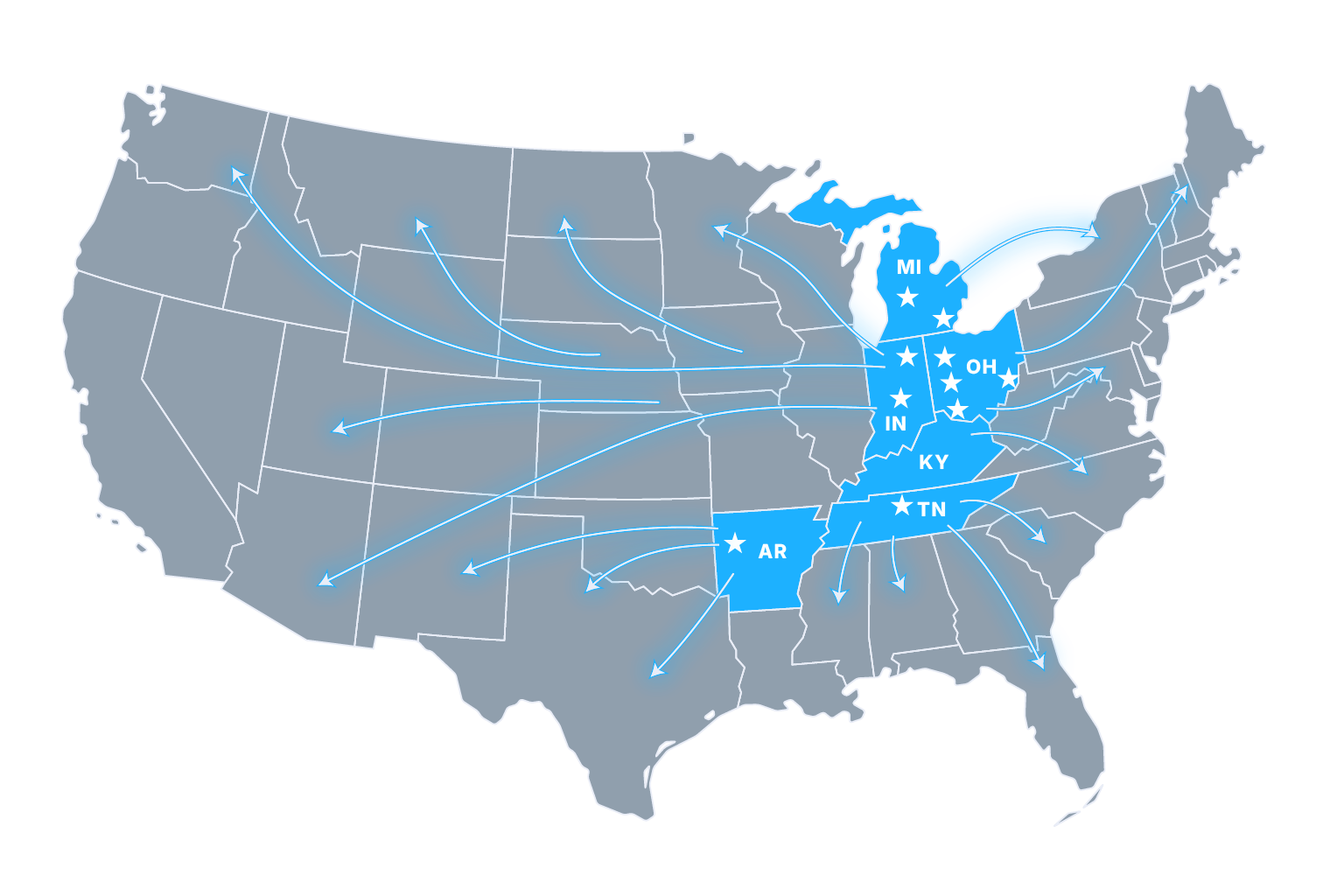 Map of the United States with blue highlights on certain states and arrows indicating movement or flow.