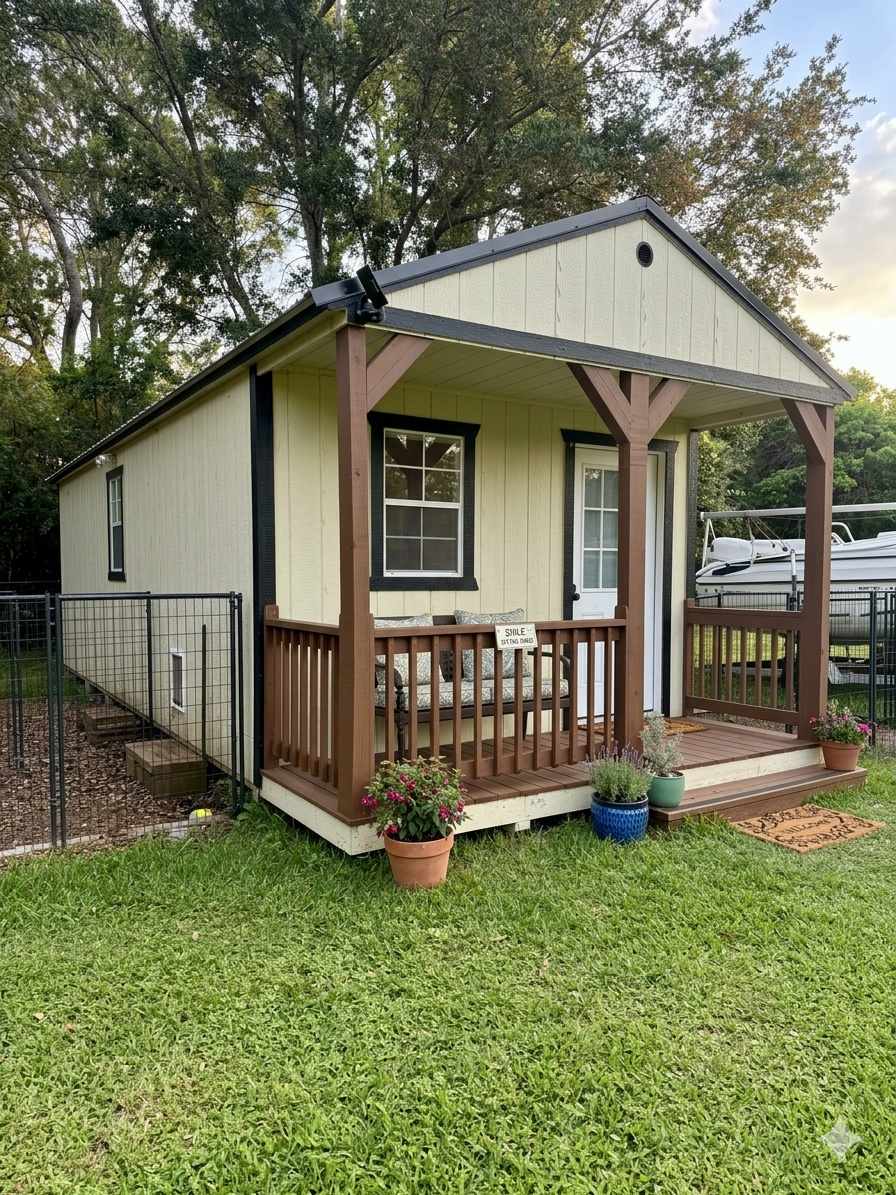 Small beige house with black trim, small front porch with brown railing, potted plants on porch, surrounded by a lawn, trees in background.