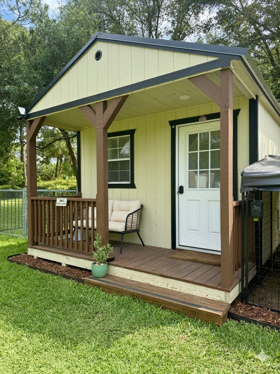 Small yellow house with a porch, two windows with black trim, a white door, and a potted plant in front. The porch has wooden railings and a cushioned outdoor chair.