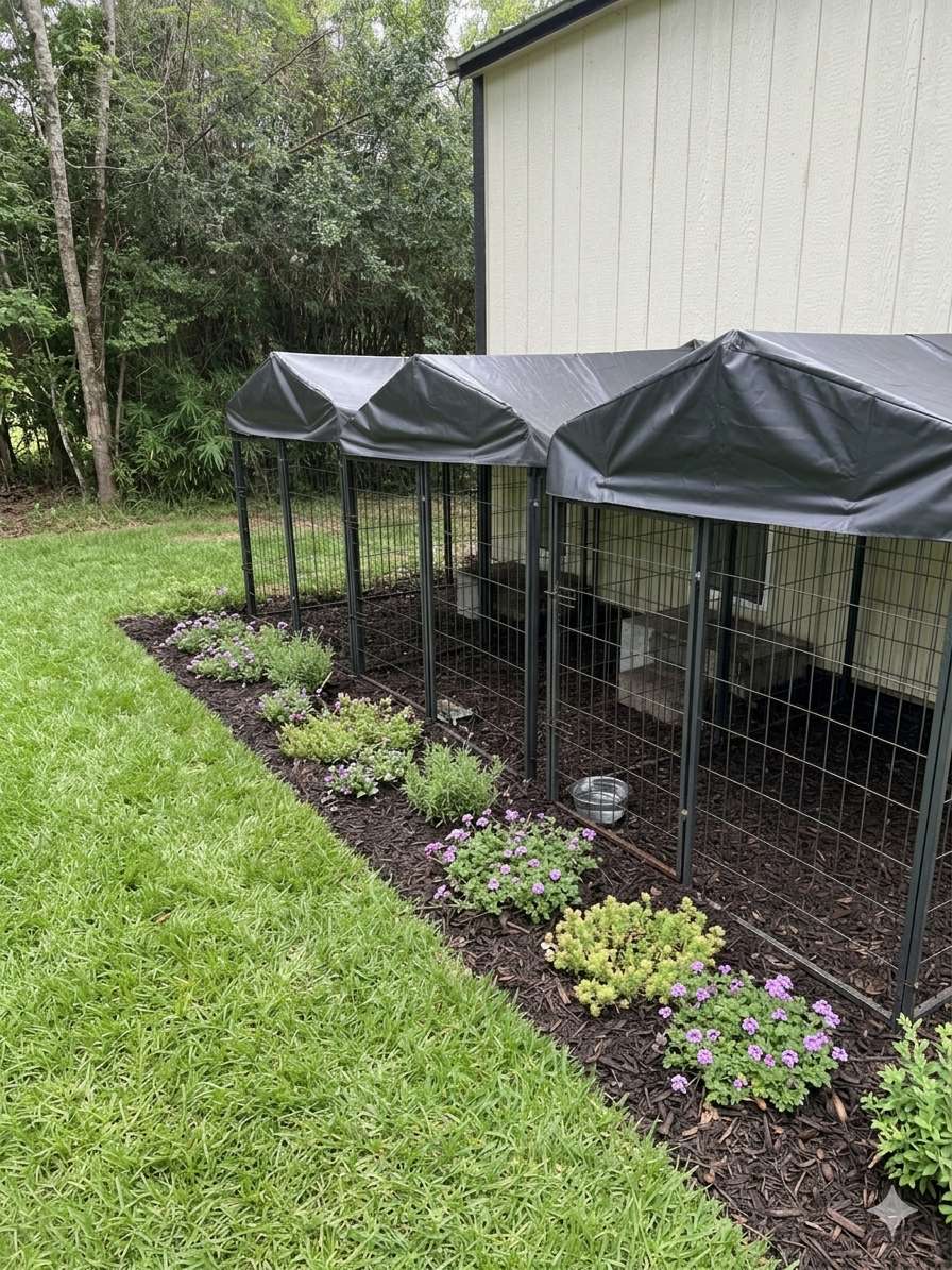 A garden with a flower bed containing purple and yellow flowers, next to a chain-link enclosure with black covers, located beside a beige house with white siding.