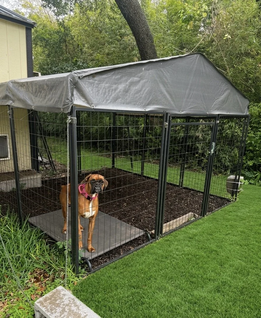 A fenced outdoor dog kennel with a black frame, a covered roof, and a raised platform. There is a brown dog with a pink collar inside the kennel, standing on the platform. The kennel is located in a backyard with green grass and trees.