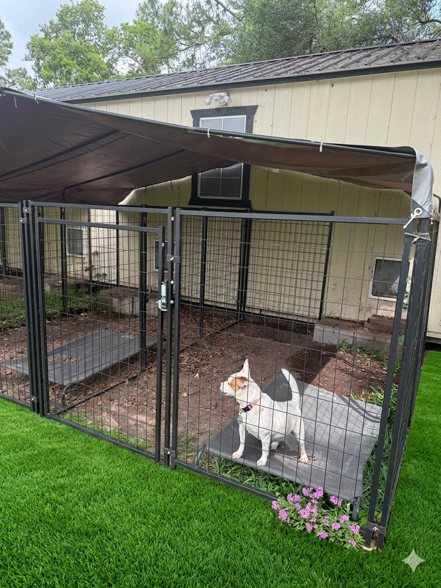 A fenced dog kennel with a black metal gate, partially covered by a brown tarp. Inside is a small white dog with brown markings, sitting on a black pad, and some purple flowers are growing outside the fence.