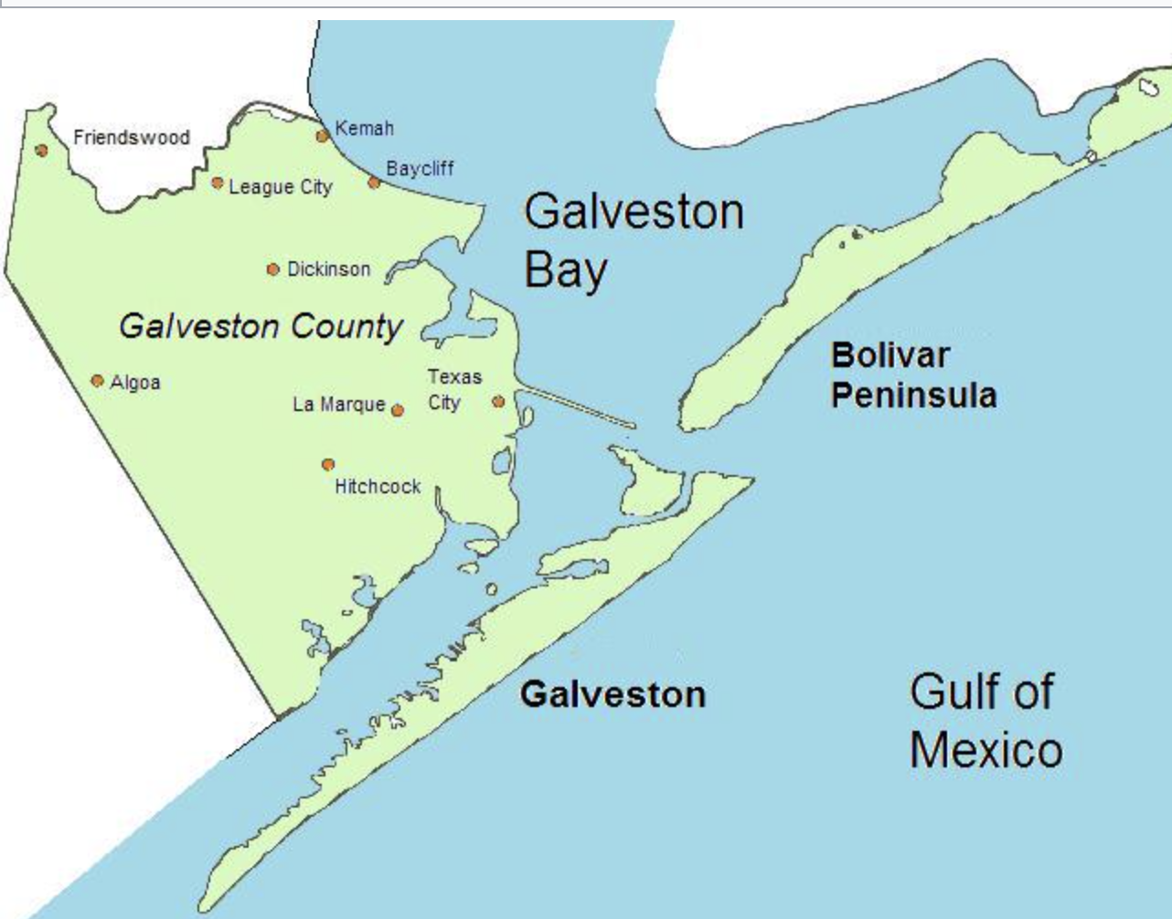 Map of the Galveston area showing Galveston County, Galveston Bay, and the Bolivar Peninsula, with nearby cities and landmarks including Friendswood, League City, Dickinson, Algoa, La Marque, Hitchcock, Texas City, Kemah, Baycliff, and Galveston.