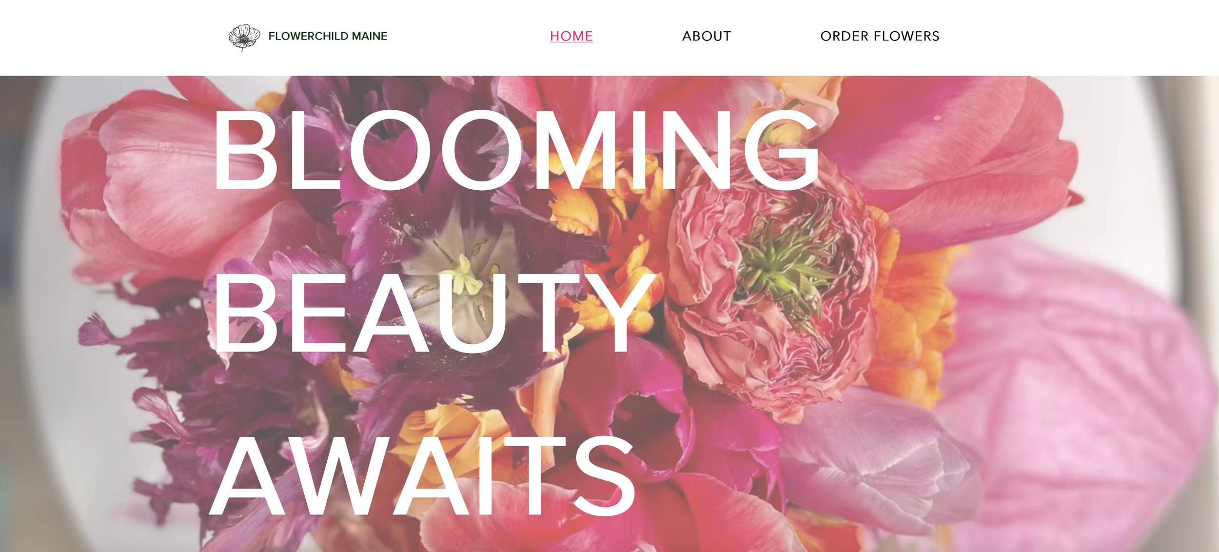 Homepage of a florist website with a large flower that says "Blooming Beauty Awaits"