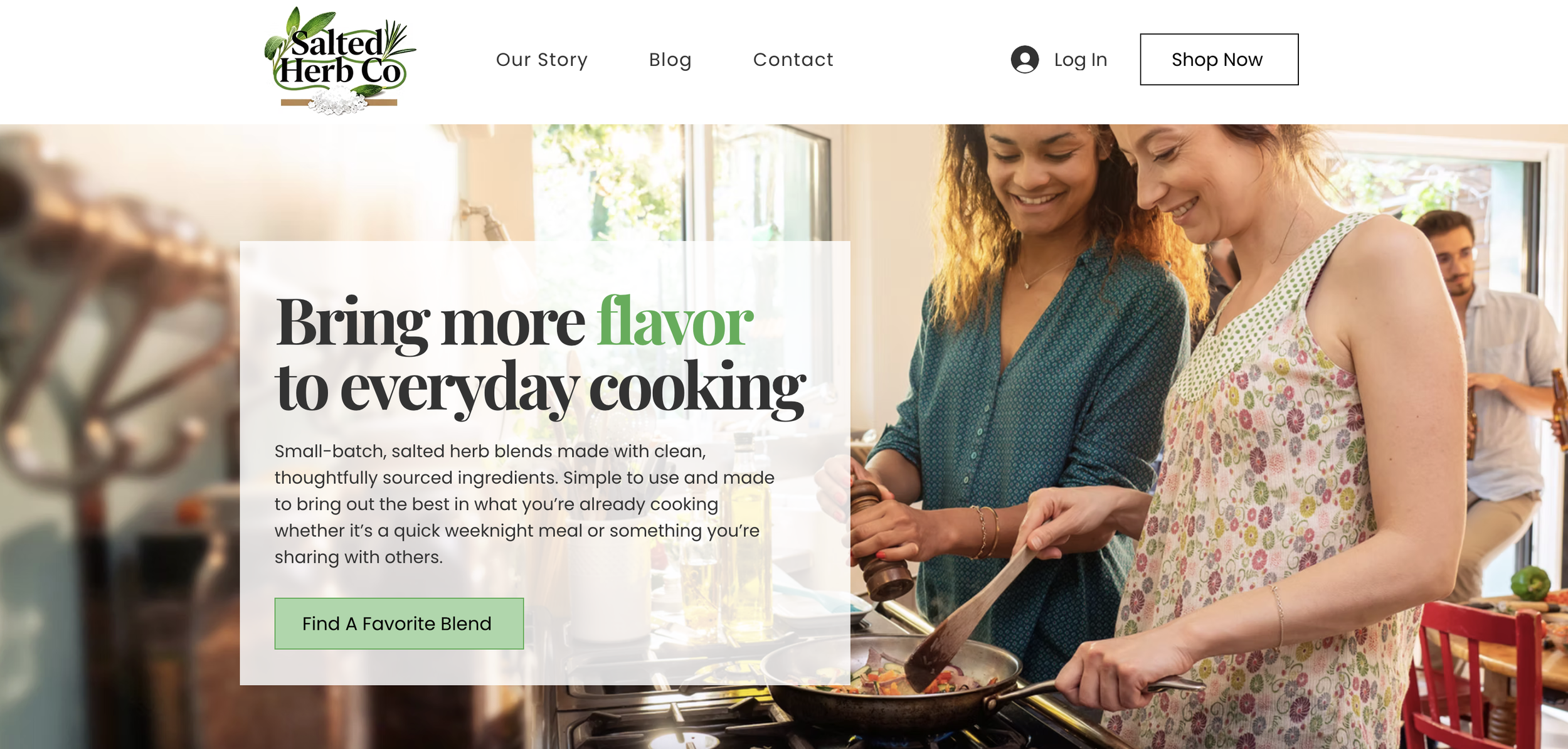 A website homepage for Salted Herb Co showing a group of people cooking together in a bright kitchen, happy and engaged, with a focus on bringing flavor to everyday cooking.
