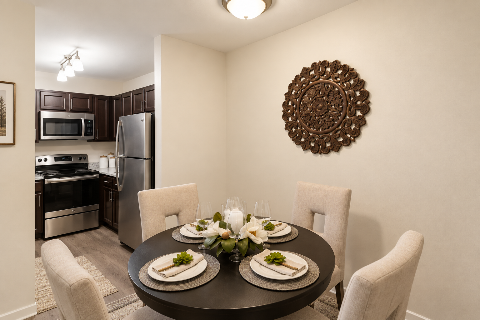 Furnished model apartment interior at Crossings at White Marsh
