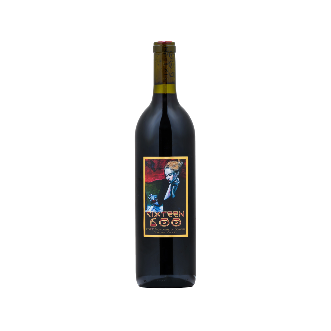 Bottle of red wine with label of woman.