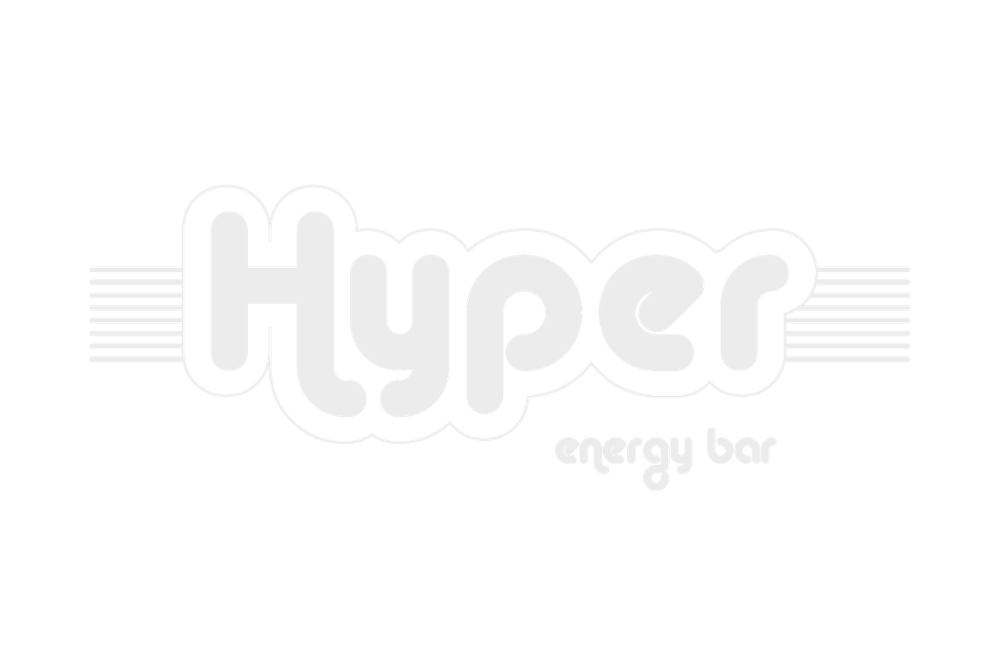 Logo for Hyper energy bar with stylized text and horizontal lines on each side.