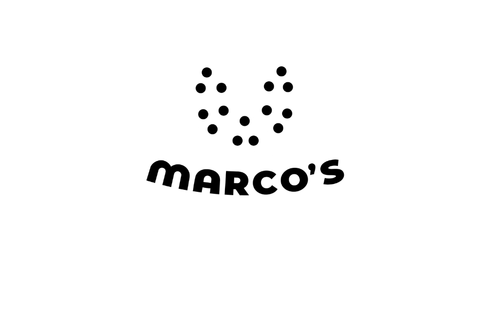 Black and white logo for Marco's Pizza featuring a stylized pizza with six slices and the text 'Marco's' above and 'Pizza' below.