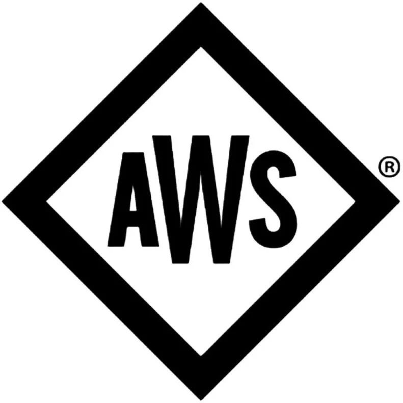 Black and white AWS logo with a diamond shape border and the letters 'AWS' in the center.