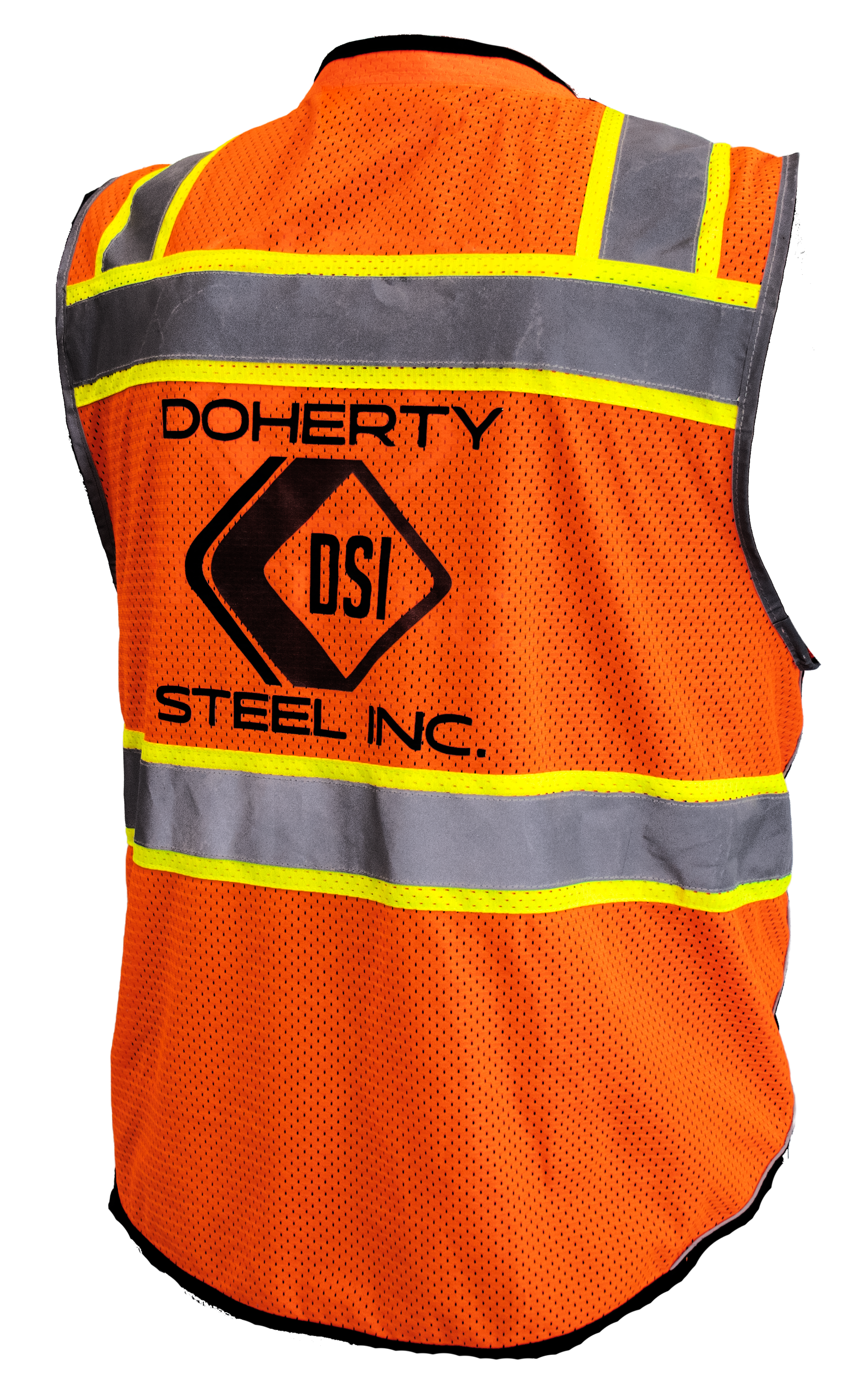 Orange safety vest with reflective gray and yellow stripes, labeled 'Doherty Steel Inc.' with a diamond-shaped logo containing the letters 'DSI'.