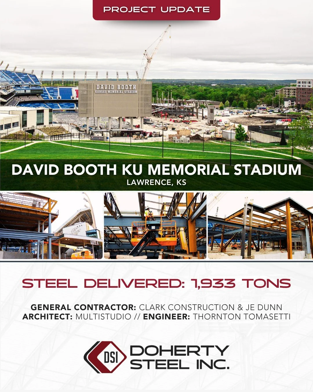 The KU David Booth Memorial Stadium is coming together in Lawrence!
We are proud to have fabricated and erected over 1,933 tons of structural steel for this major project.

Like and follow to see more projects shaping our communities!
Learn more abou