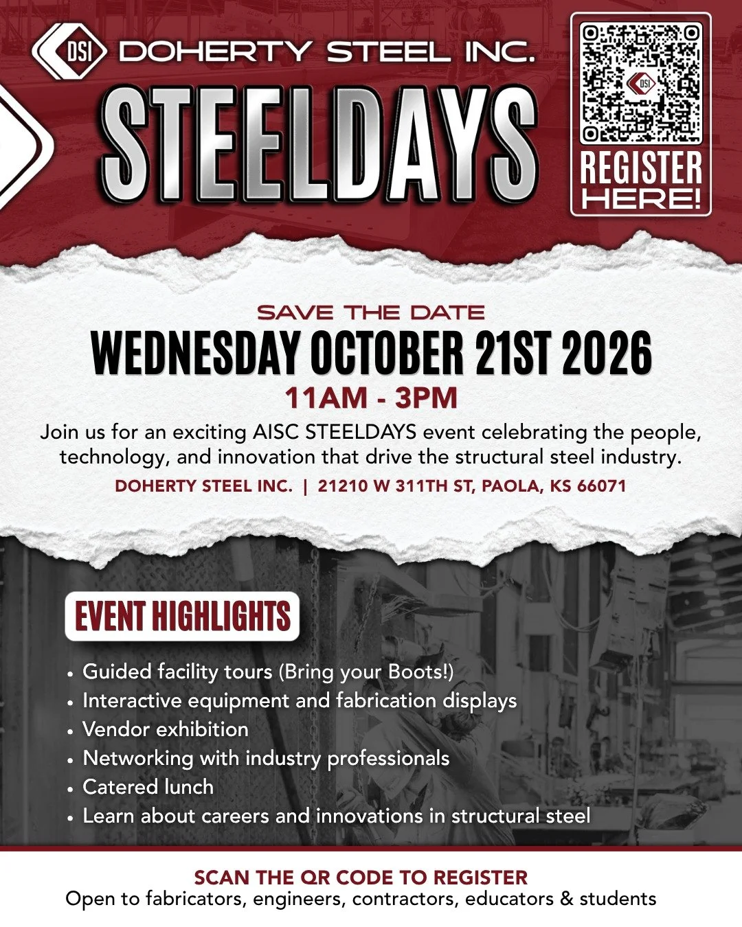 Mark your calendars!

On Wednesday, October 21st  from 11am to 3pm, we're opening our doors for AISC STEELDAYS at Doherty Steel Inc. in Paola, KS.

This interactive event gives attendees a behind-the-scenes look at our fabrication facility, with guid