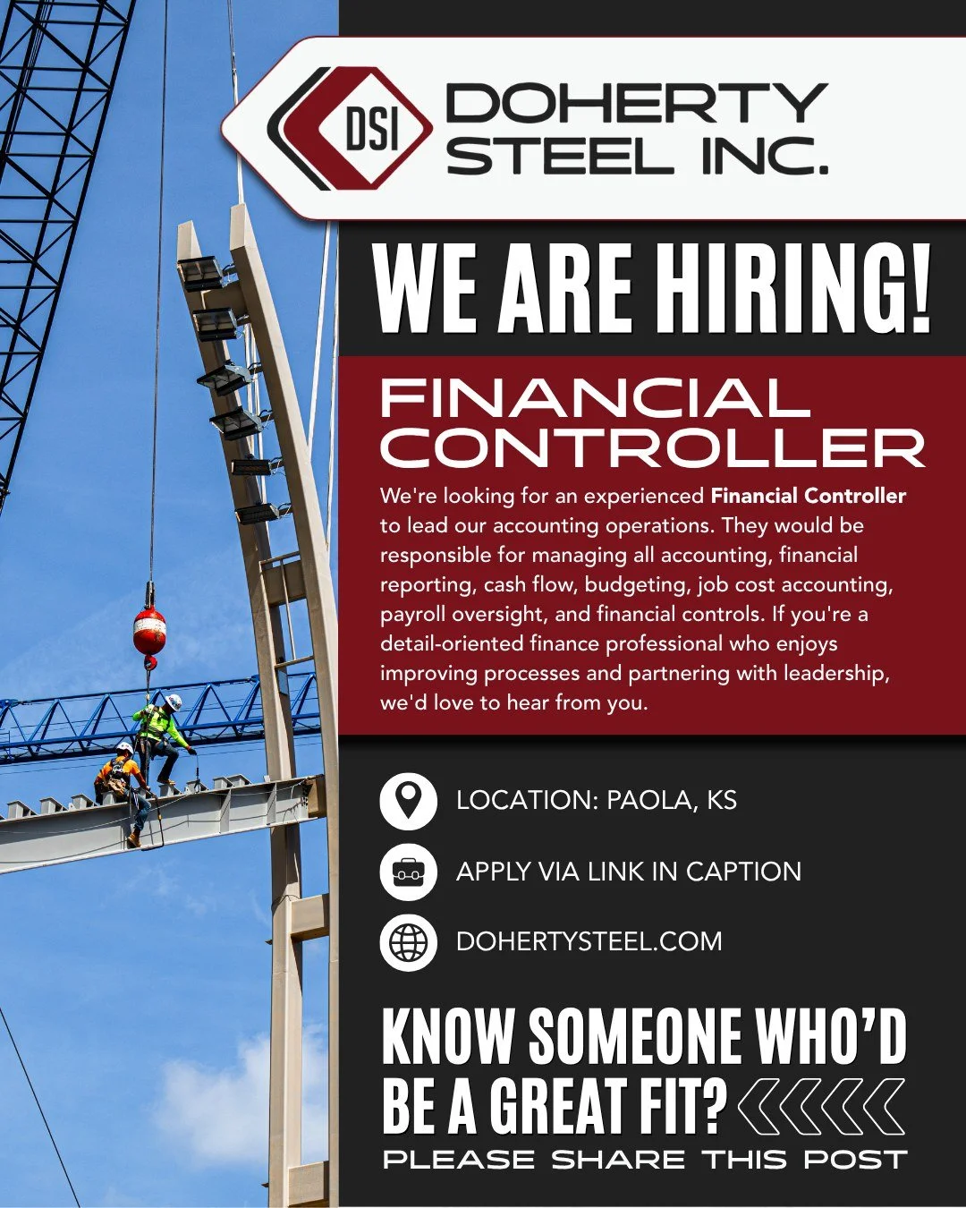 We're hiring!

We're looking for an experienced Financial Controller to lead our accounting operations. They would be responsible for managing all accounting, financial reporting, cash flow, budgeting, job cost accounting, payroll oversight, and fina