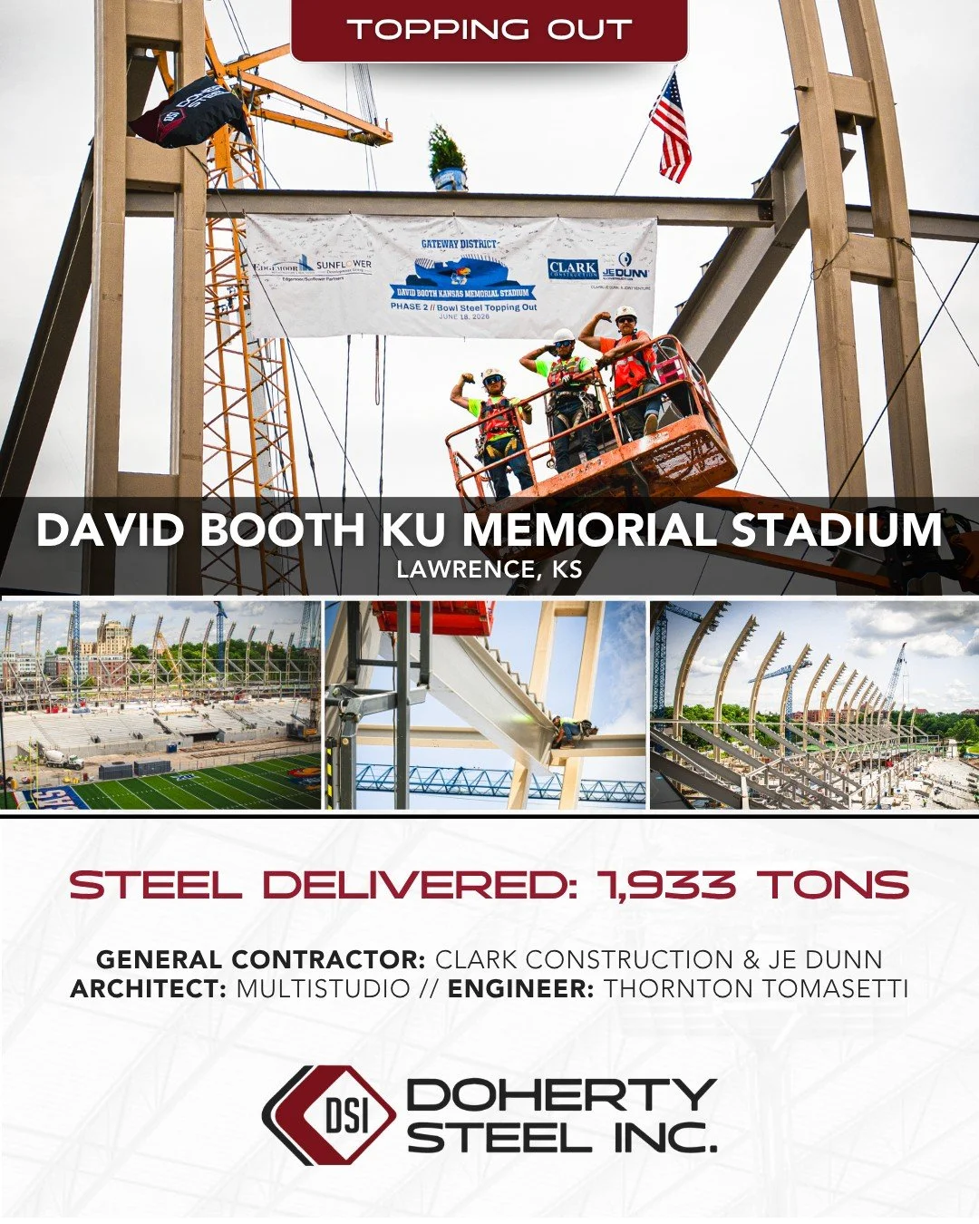 The last beam is up!

DSI fabricated and erected over 1,933 tons of structural steel and provided precast work on the @universityofkansas David Booth Memorial Stadium renovation in Lawrence, KS and now it is officially topped out! Proud to have our h