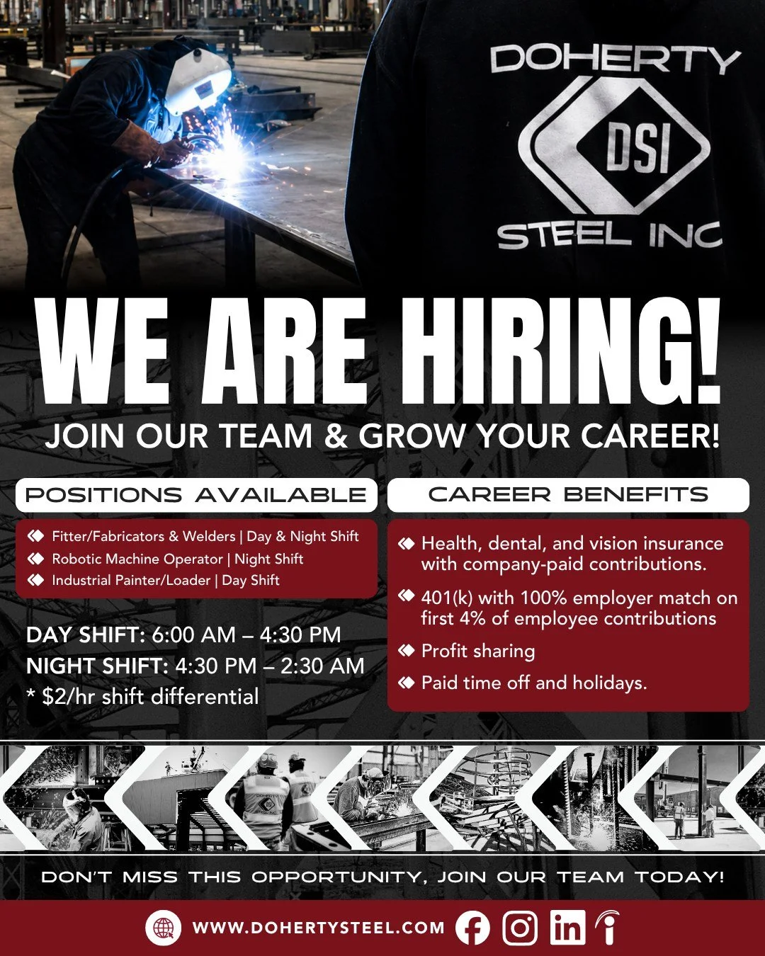 We're hiring! 
Doherty Steel is growing, join our team and build your career!
 
Now Hiring:
- Fitter/Fabricators &amp; Welders | Day &amp; Night Shift
- Robotic Machine Operator | Night Shift
- Industrial Painter/Loader | Day Shift
 
Day Shift: 6:00a