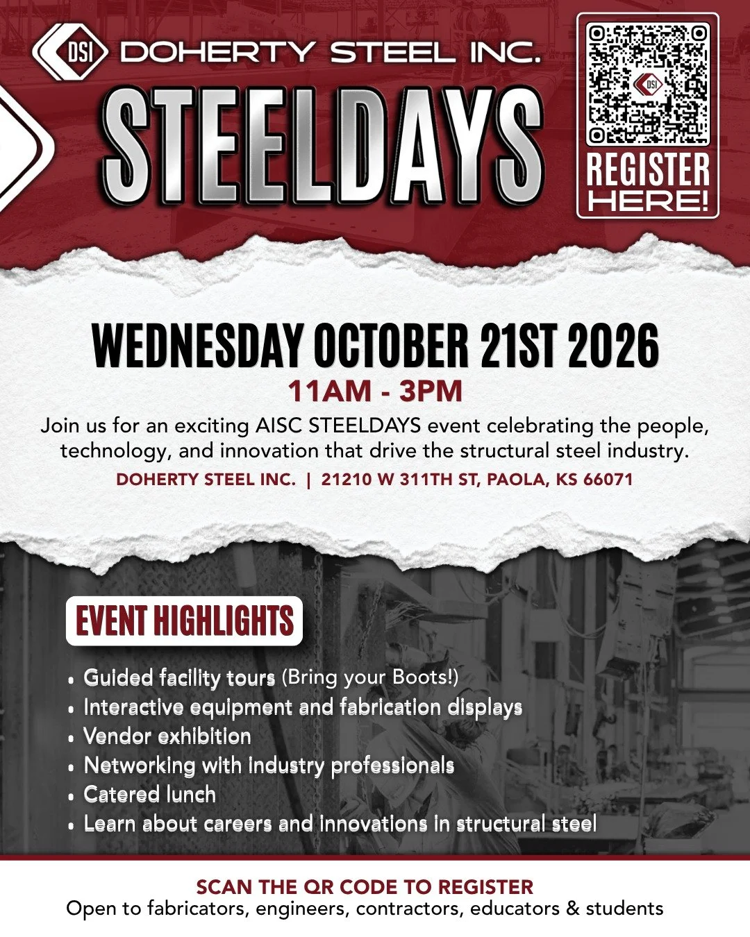 Our big event is next week! Are you ready?

Join us on Wednesday, October 21st from 11am to 3pm, we're opening our doors for @aisc STEELDAYS at Doherty Steel Inc. in Paola, KS.

This interactive event gives attendees a behind-the-scenes look at our f