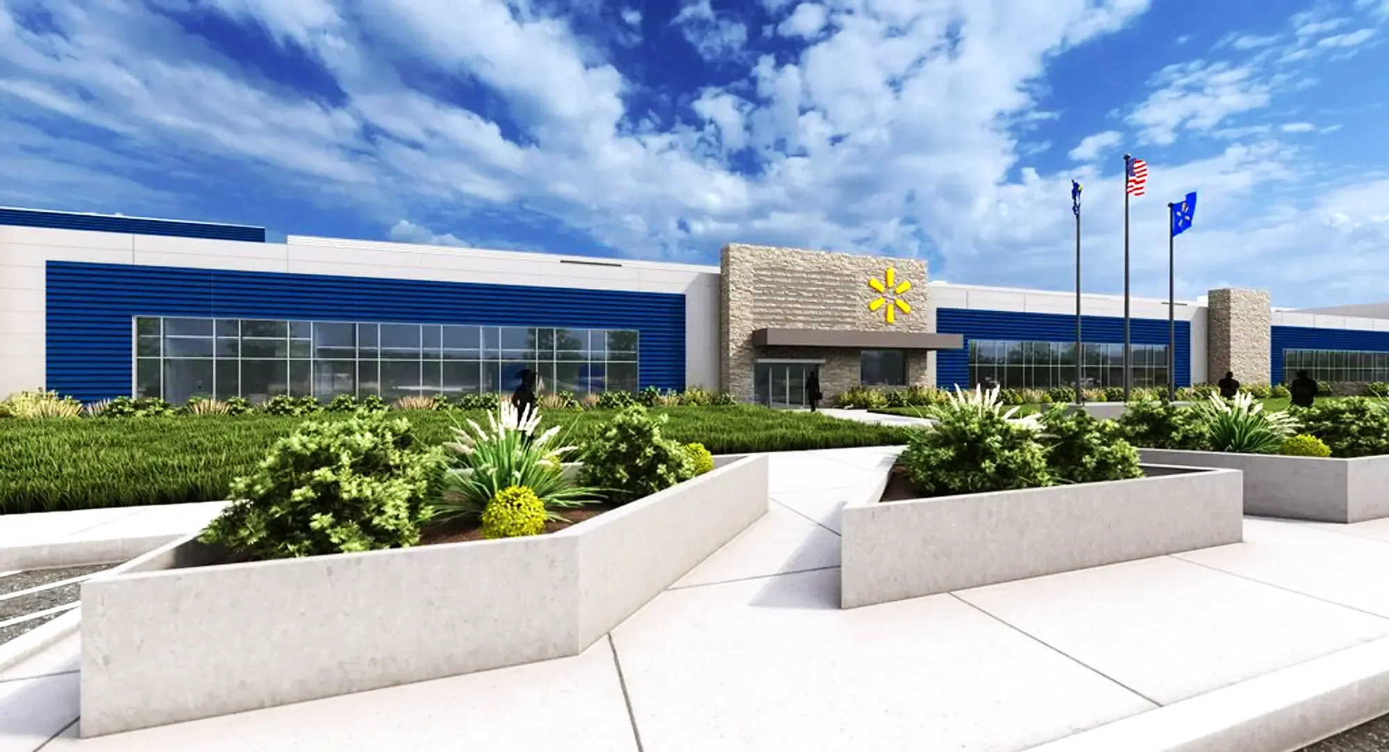 A modern retail store building with blue and white exterior walls, large glass windows, landscaped green plants in white concrete planters, and three flagpoles with flags, under a partly cloudy sky.