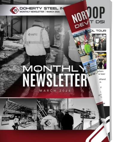 Cover of Doherty Steel Inc. March 2026 newsletter with workers and industrial equipment.