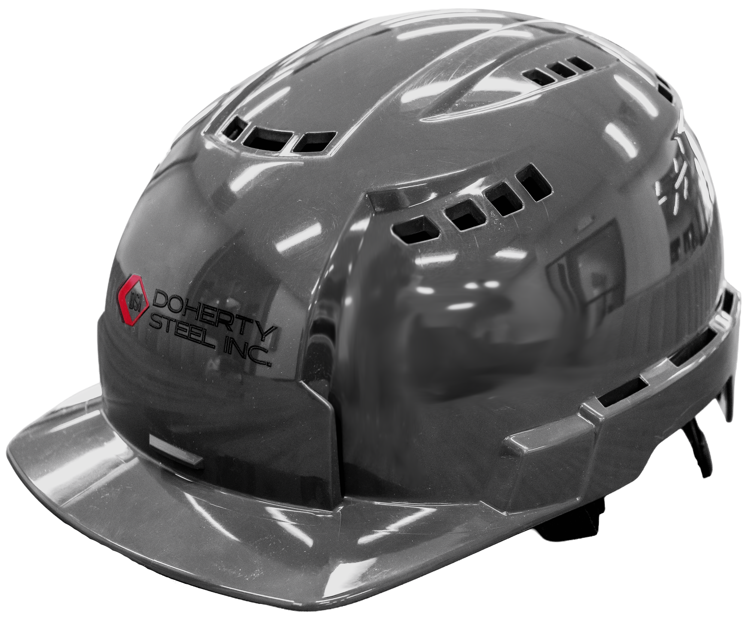 Black and white close-up of a helmet with a reflective surface and ventilation openings, displaying the logo and safety information.