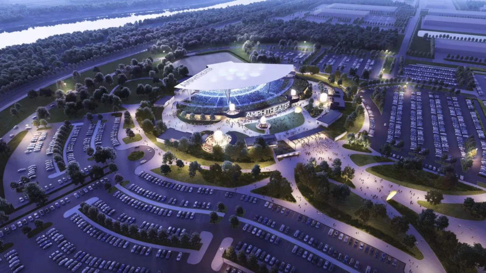 A digital rendering of an amphitheater at dusk, surrounded by parking lots, green spaces, and trees, with people gathering and the structure lit up.