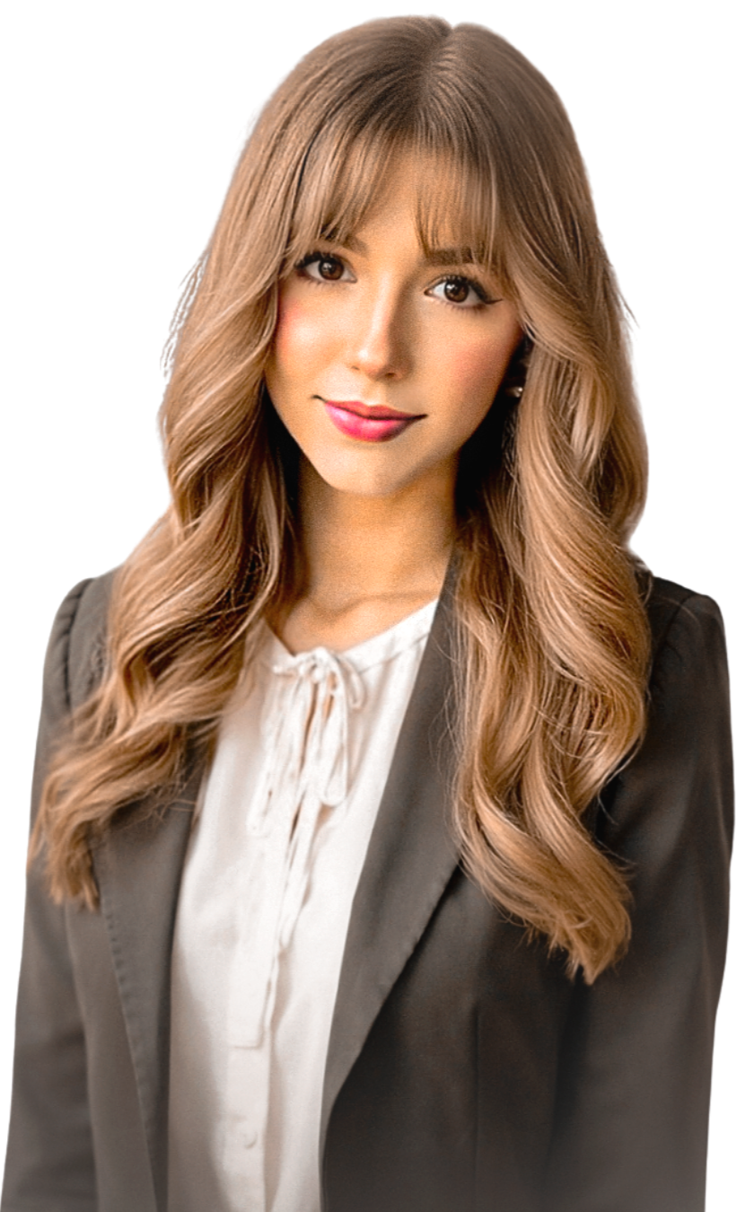 A woman with long, wavy, light brown hair, wearing a white blouse and a dark blazer, smiling at the camera.