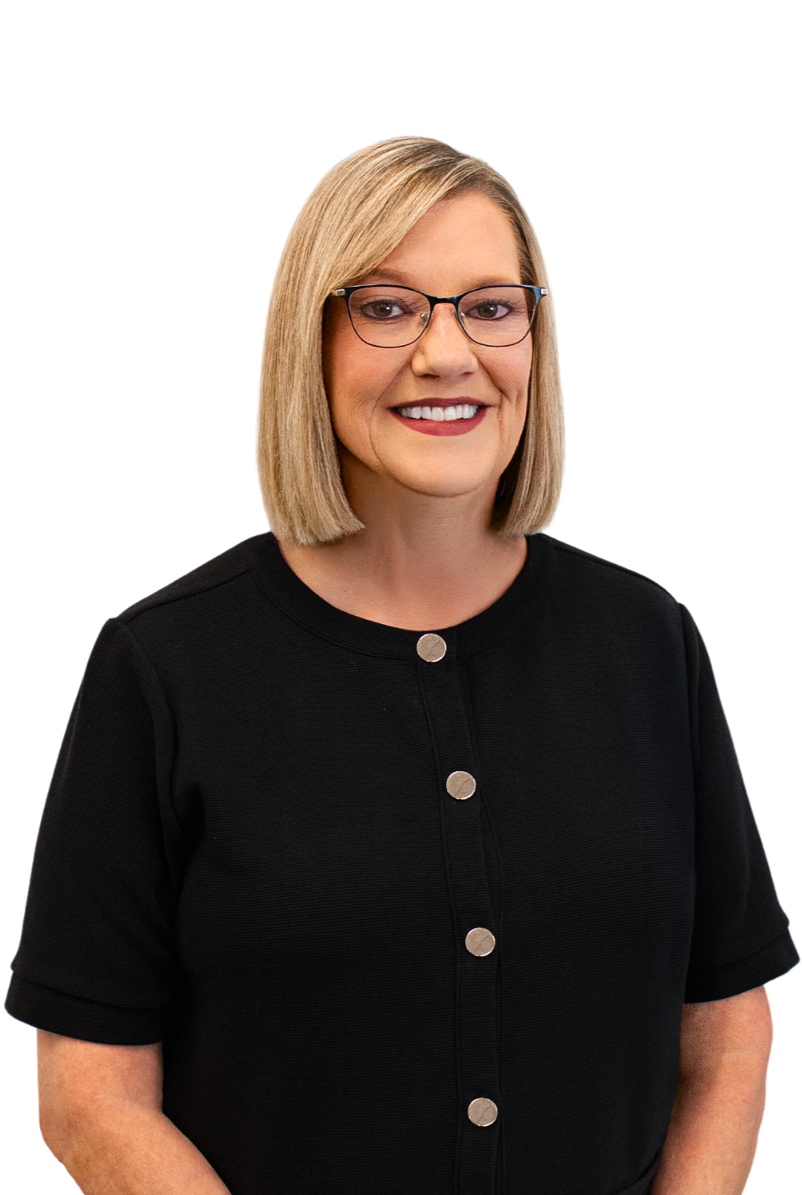 A woman with shoulder-length blonde hair, wearing glasses and a black button-up top, smiling at the camera.
