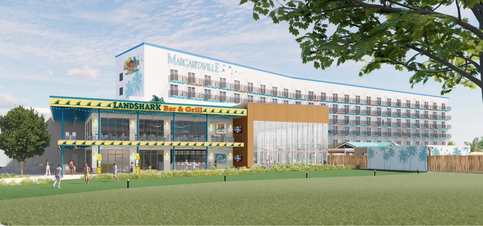 A modern multi-story building with a seafood restaurant called Landshark Bar & Grill on the lower level. The building has a white and brown exterior with blue accents and an upper level with balconies. The area features green grass, trees, and a few people walking. A large sign reads 'MARGARITAVILLE' on the upper part of the building.