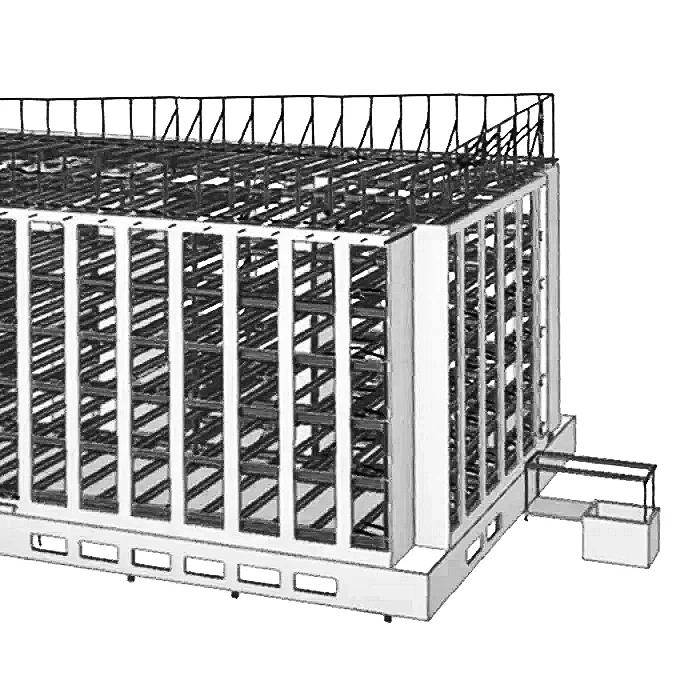 A large metal cage with multiple levels and a small attached box in a grayscale photograph.